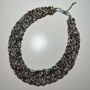 Woven Gray-Blue White & Gold Beaded Necklace